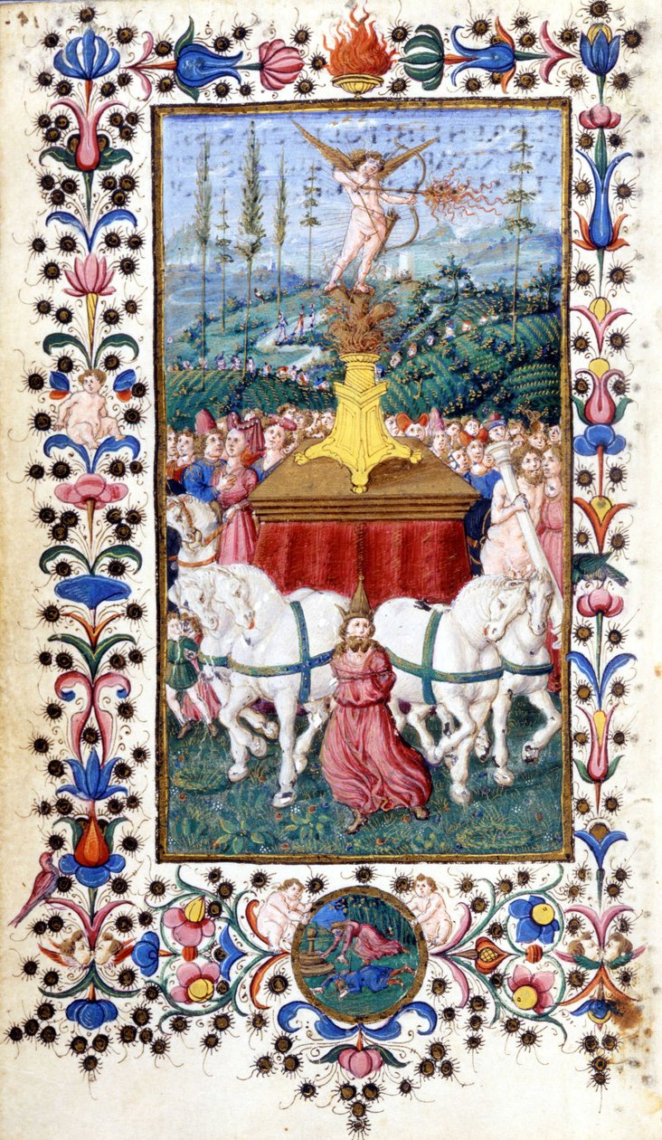 Francesco Petrarca (Petrarca) Triunfus Amoris (szerelmi diadal). 15. századi kézirat. Trivulziana, Milánó. alkotó: Unknown artist