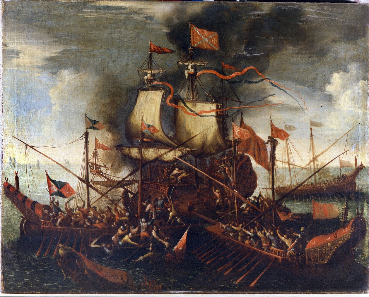 Török gályák közelednek egy velencei hajóhoz. 17. századi festészet. alkotó: Unknown artist
