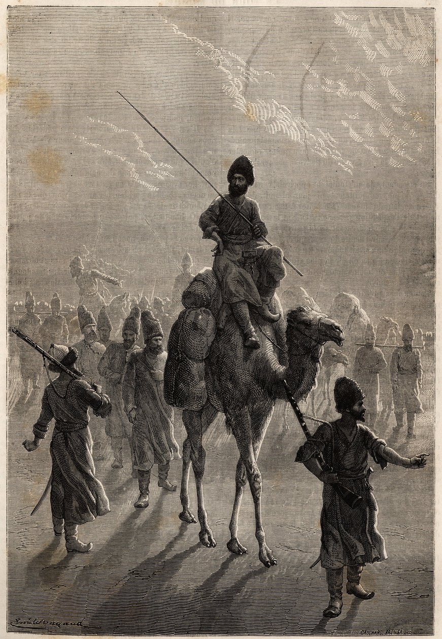 Teheránba hurcolt török foglyokat haragjuk cseréje vagy más foglyok elleni csere céljából. Metszet Henri de Blocqueville történetének illusztrálására: „14 mois de captivite chez les turcomans” 1860 és 1861 között, a „Le tour du mo” alkotó: Unknown artist