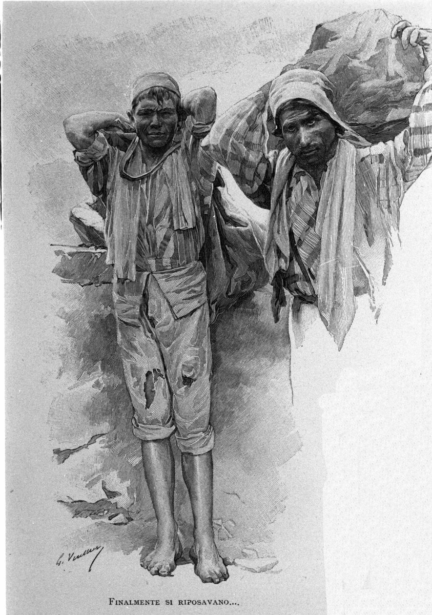 Két „carusi”, kiskorú tanonc. Szicília. 19. századi metszet alkotó: Unknown artist