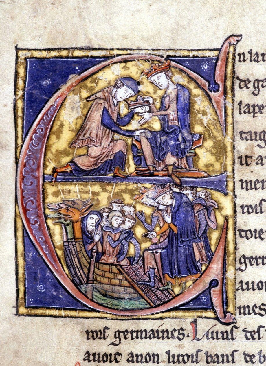 Bretagne két királya: Bans de Berroye (Lancelot apja) és Boorz de Gaune. Kézirat: A Szent Grál meghódítása, 717 évvel urunk szenvedélye után. Bibliotheque Municipale de Rennes, ms. 255 (A Kerekasztal regénygyűjteménye); P alkotó: Unknown artist