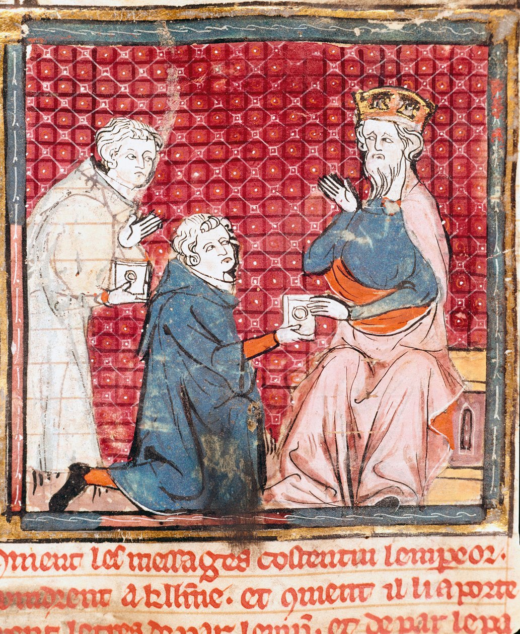 Két hírnök Nagy Károlyban (742-814) bejelenti a győzelmet a miniatűr szaracénok felett a „Grandes Chronicles de France”” 1375-1379 városi könyvtárból, Castres alkotó: Unknown artist