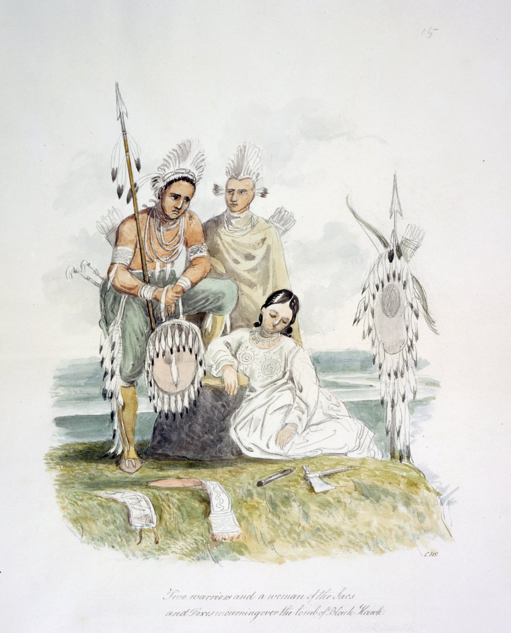 Két harcos és egy nő a zsákokból és a rókákból gyászol Black Hawk sírja felett, 1843-50 körül (akvarell) alkotó: Unknown artist