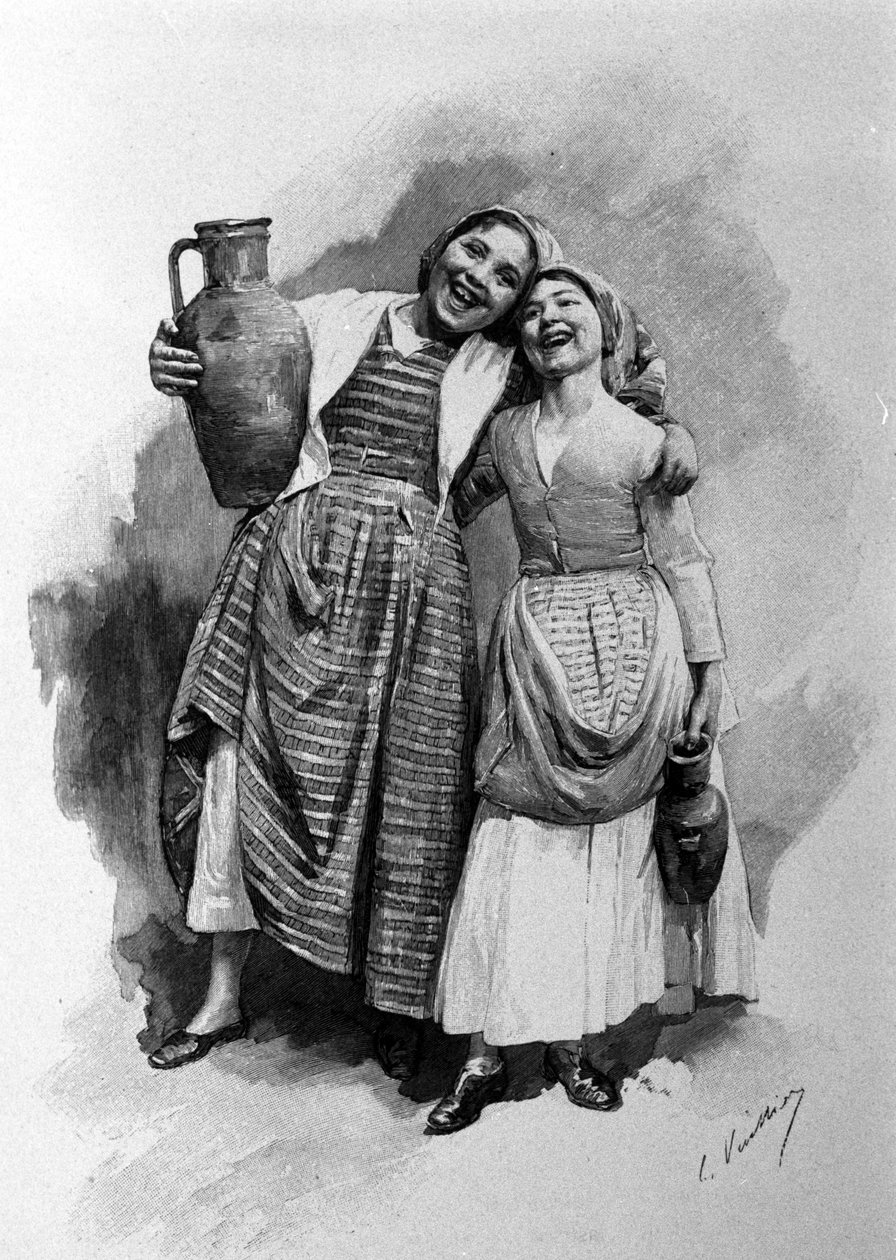 Két fiatal nő a nép közül, akik Palermóban laknak. Szicíliai metszet a XIX alkotó: Unknown artist