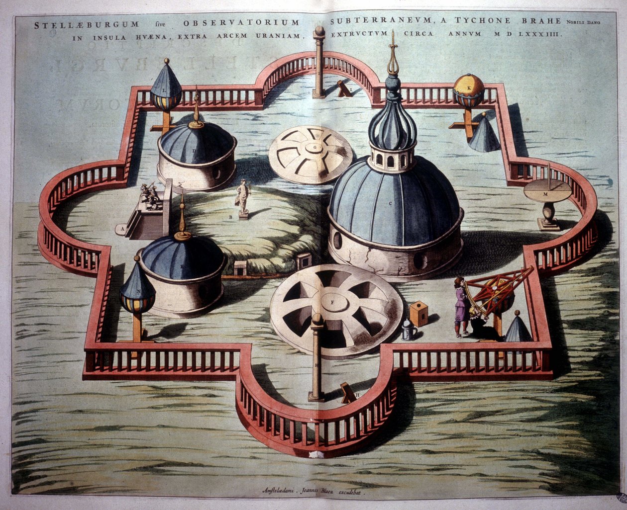 Tycho Brahe „Sternburg” csillagvizsgálója a dániai Hven szigeten a Sundban (1584) - egy korabeli rézmetszet alapján. “Novus Atlas” alkotó: Unknown artist