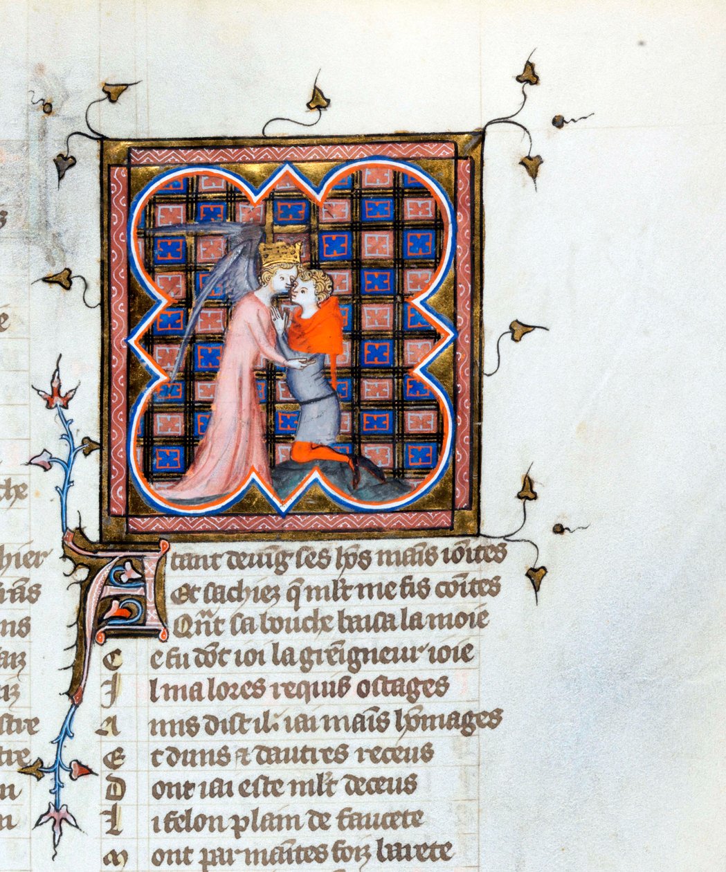 ""Egy embert ölelő koronás angyal"" Megvilágított oldal Guillaume de Lorris (kb. 1200-1238) és Jean de Meun (Meung) (1240-1305) "Le Roman de la Rose"" kéziratából, 1353 körül Svájci Könyvtár Genfből alkotó: Unknown artist