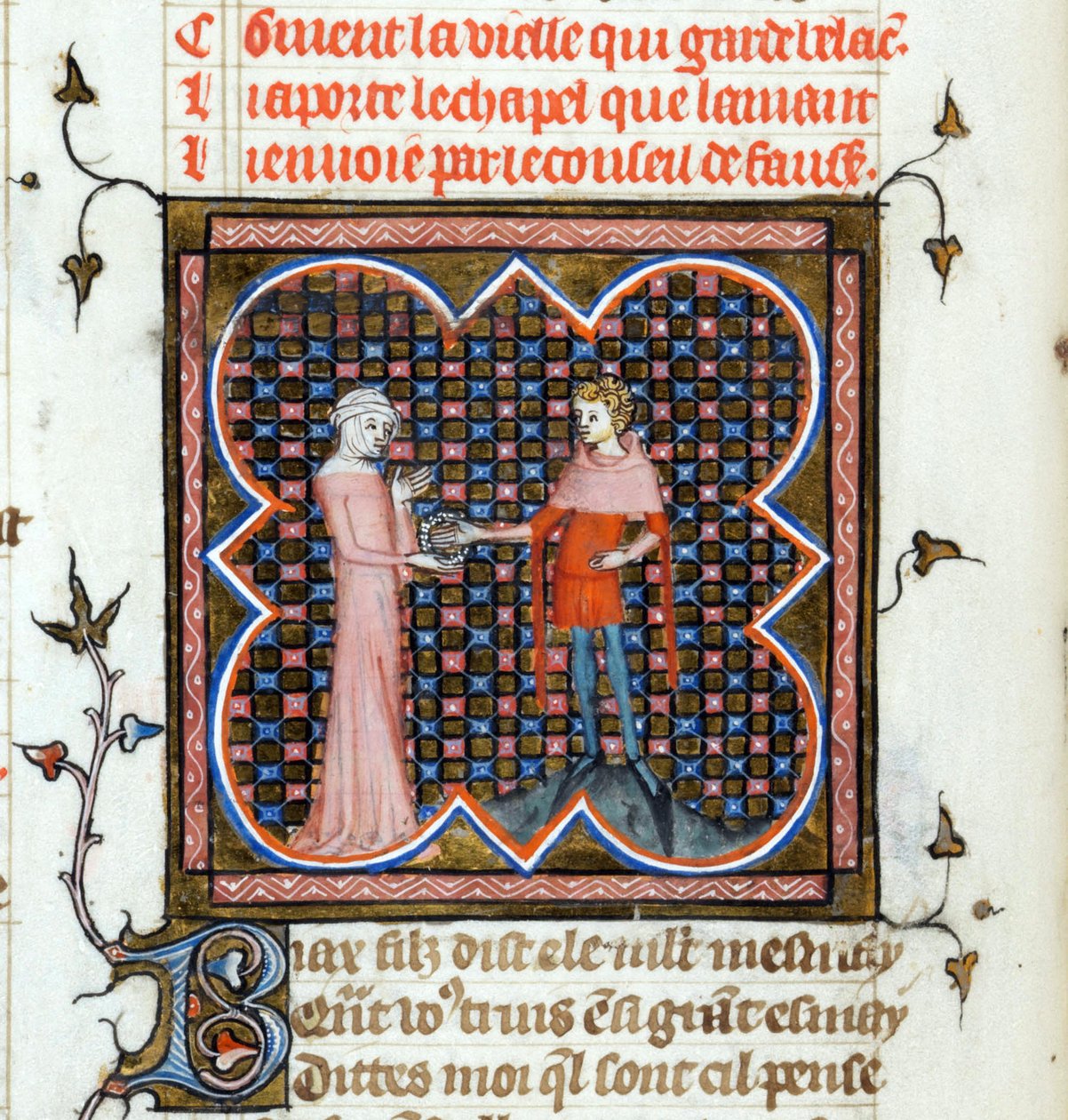 ""Egy fiatal férfi és egy idős nő"" Megvilágított oldal Guillaume de Lorris (1200-1238 körül) és Jean de Meun (Meung) (1240-1305) "Le Roman de la Rose"" kéziratából, 1353 körül Svájc Genfi Könyvtár alkotó: Unknown artist