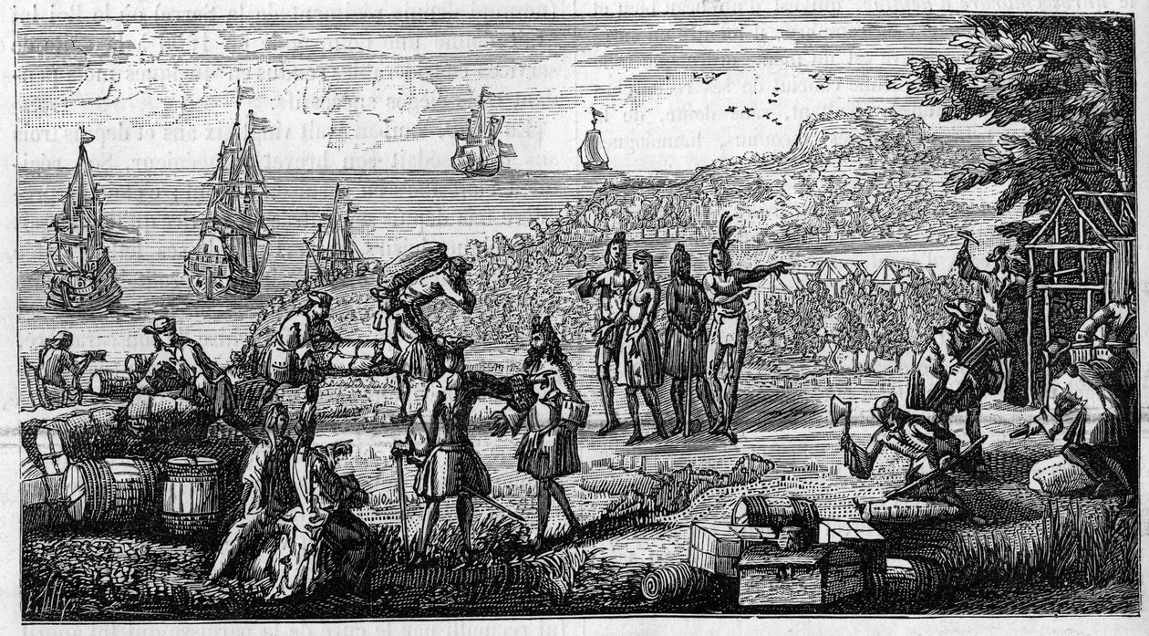A készletek kéregtelenítése Amerika francia gyarmatain. A tollrajz a Depot des Fortifications-ben őrzött „Oisivetes” kéziratában Vauban emlékiratának fejét helyezi el „A kolóniák”-on. Metszet „” La Nature: revue des sciences et d alkotó: Unknown artist