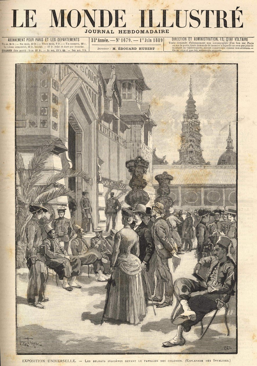 Egyetemes kiállítás 1889 – Őslakos katonák a gyarmati pavilon (Esplanade des Invalides) előtt. „” Le Monde Illustré”” címlap, 1889.06.01. alkotó: Unknown artist