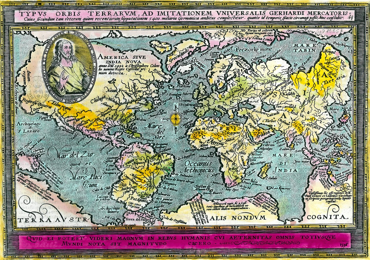 Univerzális földrajzi térkép (World Map) 1596-ból. Metszet. Magángyűjtemény. alkotó: Unknown artist