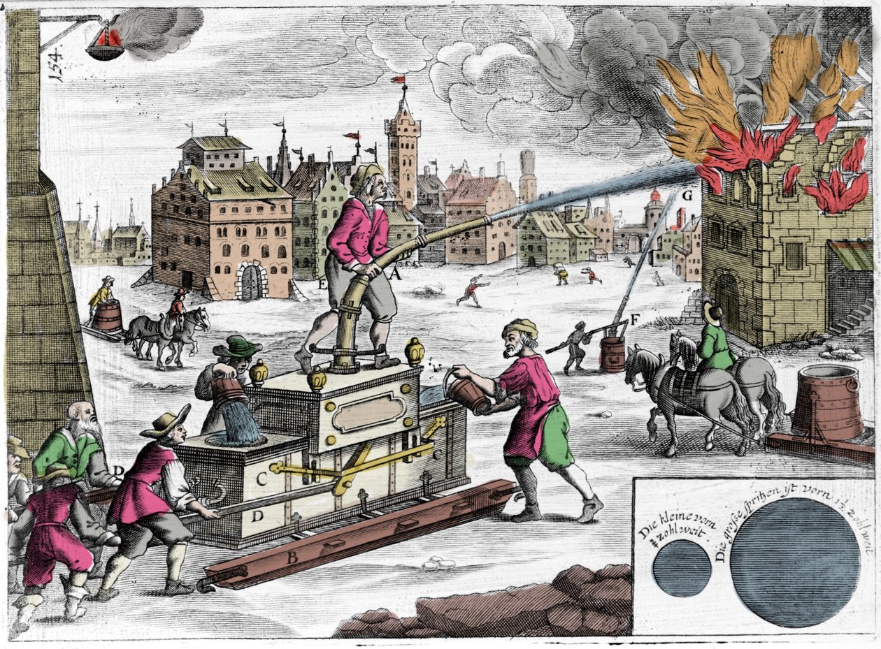 Tűzoltó szivattyú használata a tűzoltóságnál. Metszet Georg Andreas Bockler (1644-1698) „Theatrum Machinarum novum” című könyvéből alkotó: Unknown artist