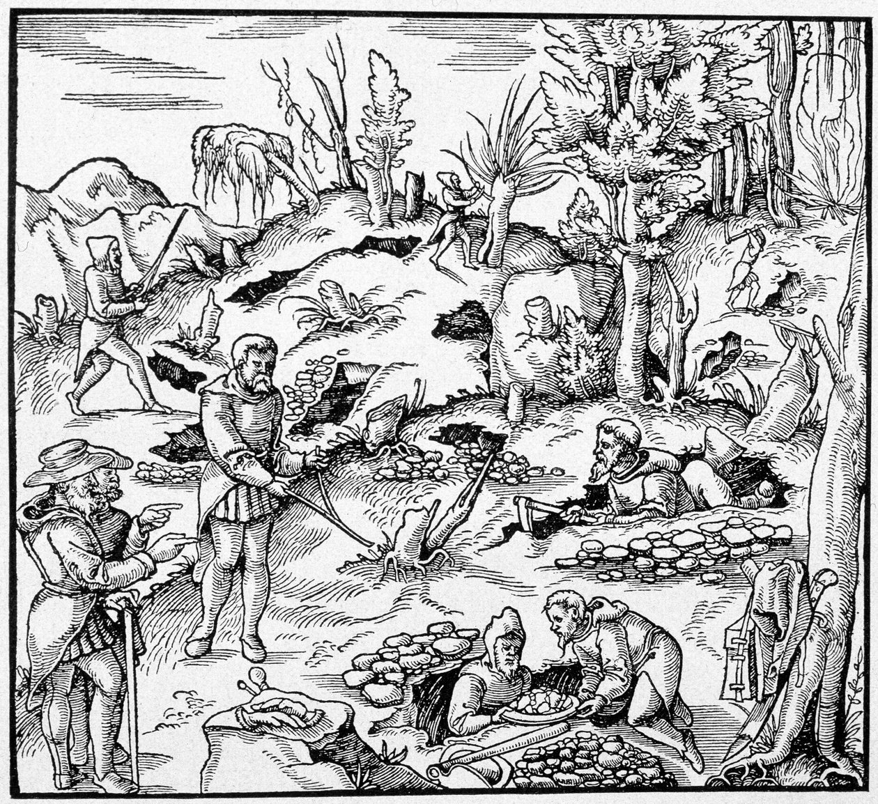 A varázsvödör használata a föld kincseinek felkutatására – Agricola „A bányák könyvében” alkotó: Unknown artist