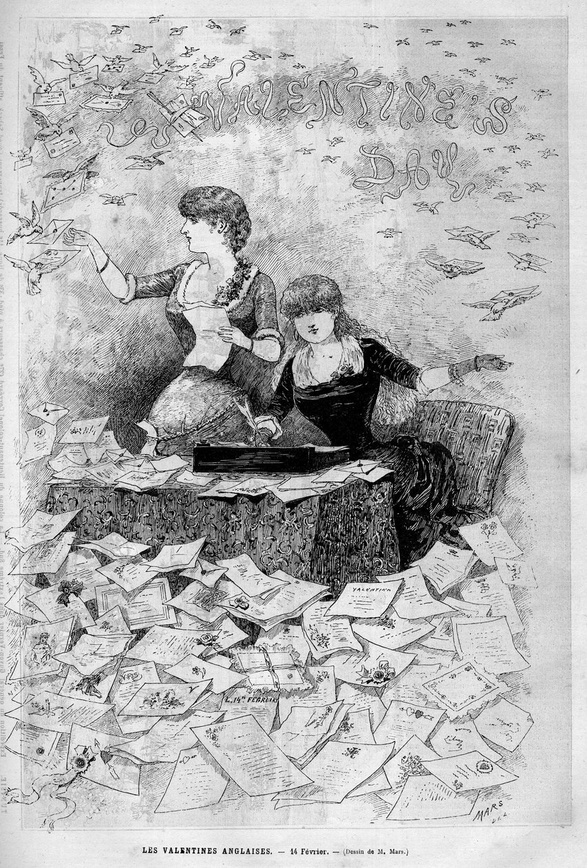 Valentin-nap (Valentin-nap) Február 14.: Az angol valentinek szerelmes leveleket írnak és kapnak tőlük. Metszet a „” Le Monde illustrious””-ban 1883. Magángyűjtemény. alkotó: Unknown artist