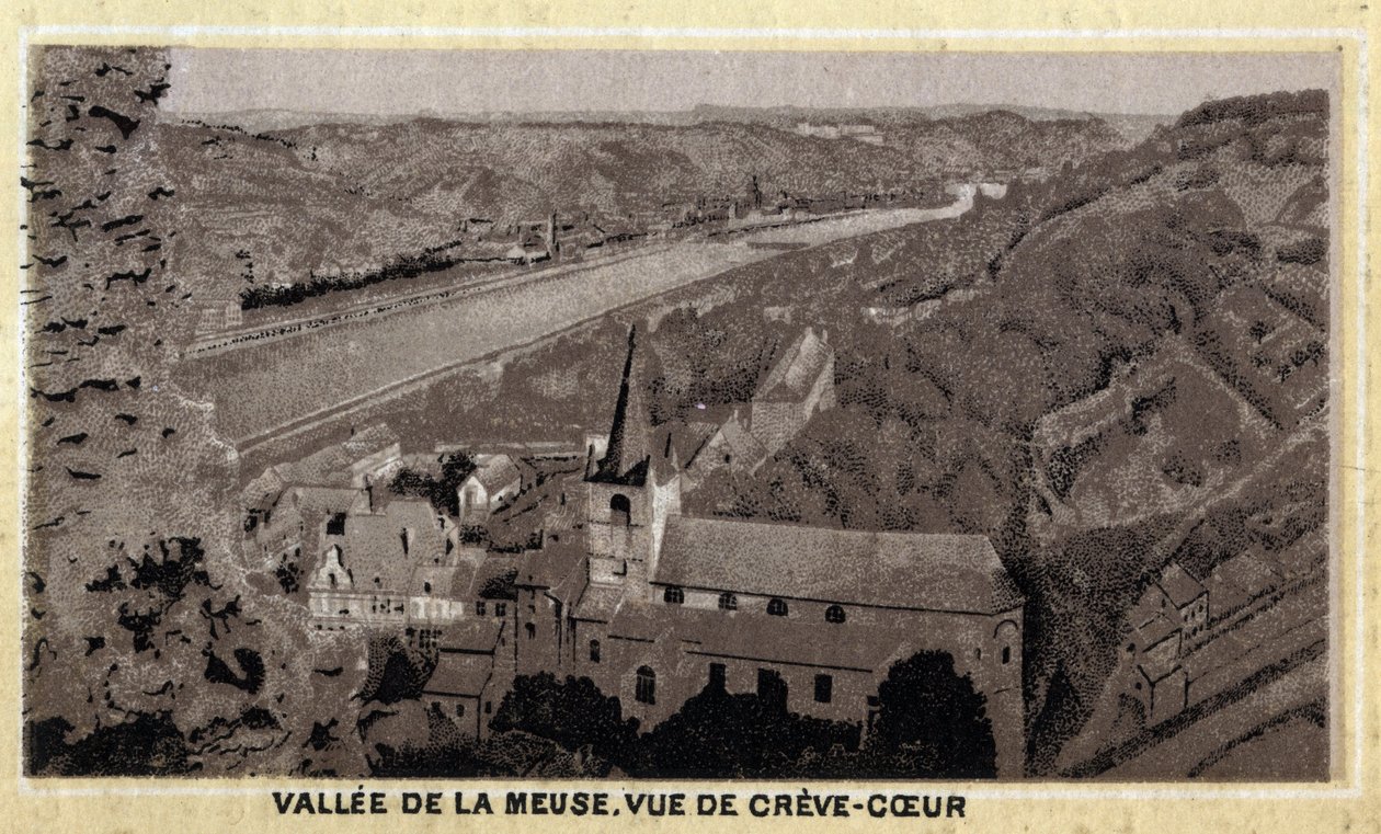 Vallee de la Meuse: kilátás a Creve Coeur-re (Creve-Coeur vagy Crevecoeur), Vallónia, Belgium. A 19. század végének kromolitográfiája. alkotó: Unknown artist