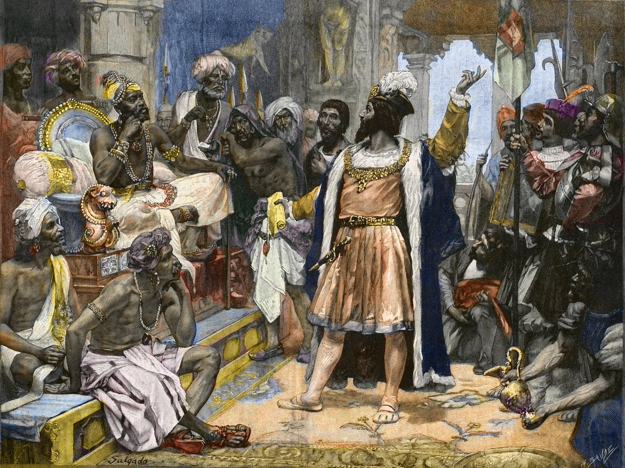 Vasco da Gama kézbesíti Manuel portugál király levelét a kalicuti szamorimoknak - festés után, kb. alkotó: Unknown artist