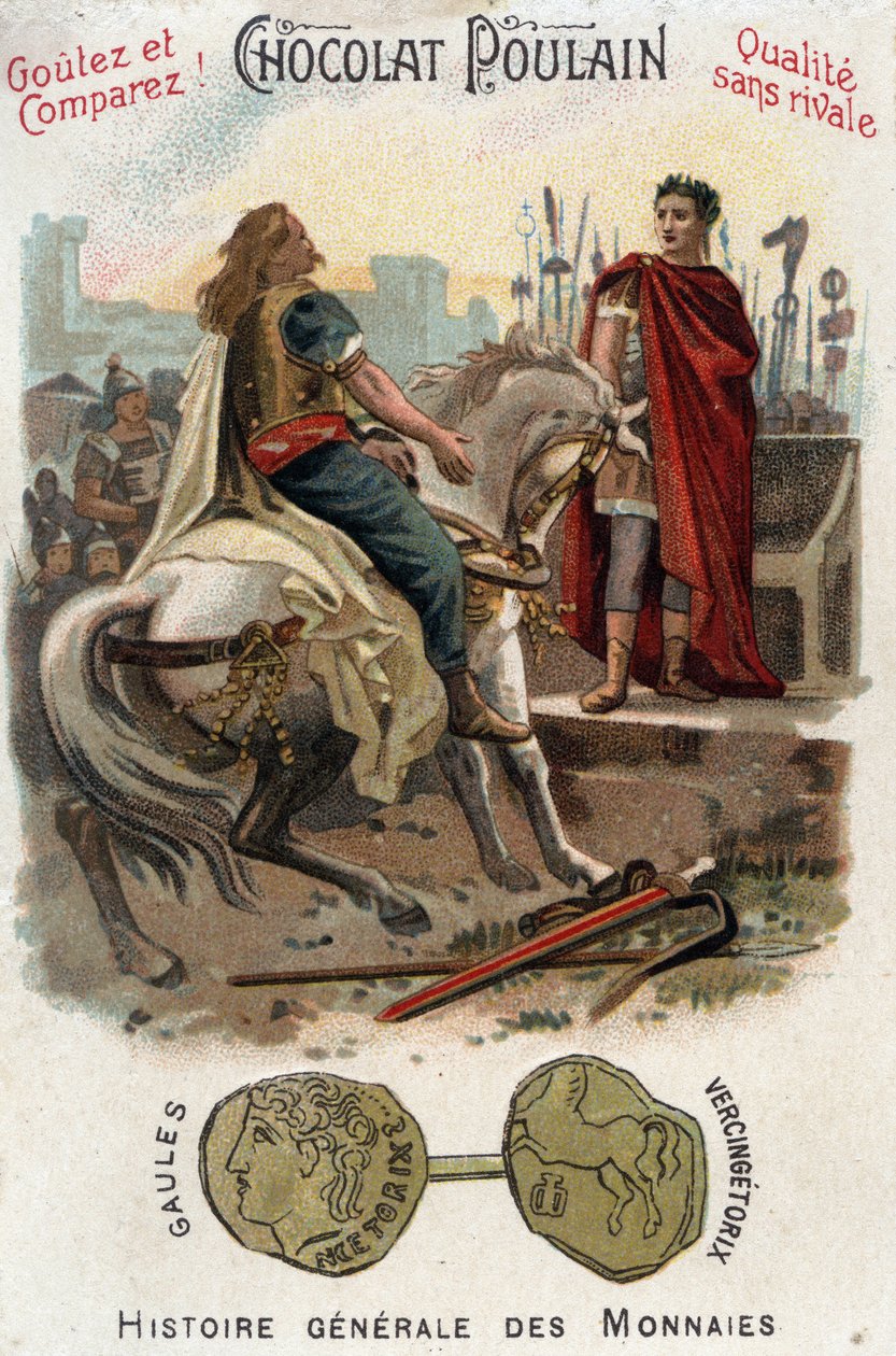 Vercingetorix (Kr. e. 72-46), a gall lázadás vezetője fegyvert tesz Cesar (Kr. e. 100-44) lábai elé, miután véglegesen elvesztette Alesia városát - Az érmék általános történetében - Csokoládé-csikó kromolitográfiája a késői időszakról 19. század - Magán Ko alkotó: Unknown artist