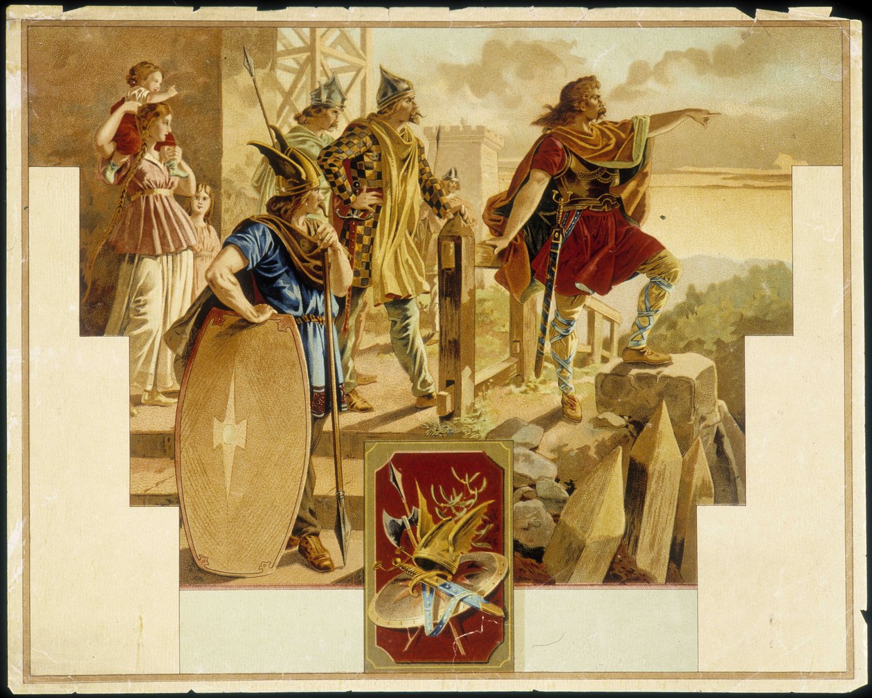 Vercingétorix gallokkal, harcosokkal, nőkkel és gyerekekkel körülvéve - Kromolitográfia alkotó: Unknown artist