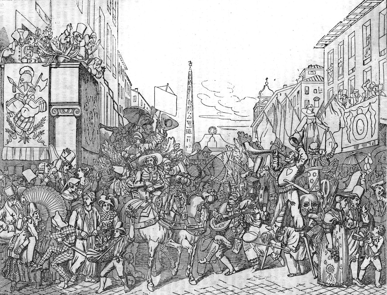 A Via del Corso Rómában az 1836-os karnevál (Carnevale) idején. alkotó: Unknown artist