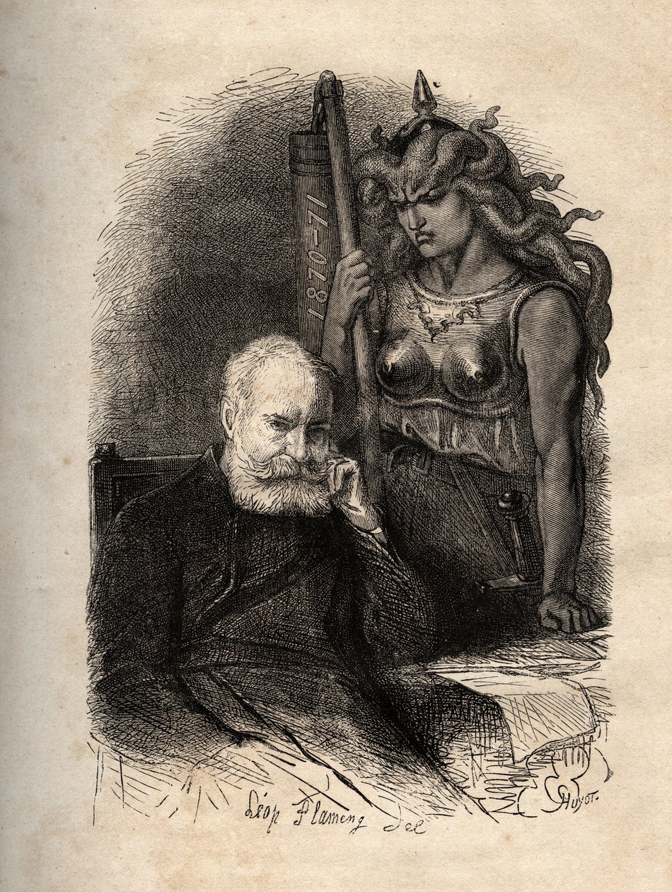Victor Hugo seated with a goddess of war - engraving from “” The Terrible Year”” (“The Terrible Year”), a series of poems that deal with the Siege and the trauma of losing his so - Victor Hugo, haante par la goddess de la guerre engraving in “” L