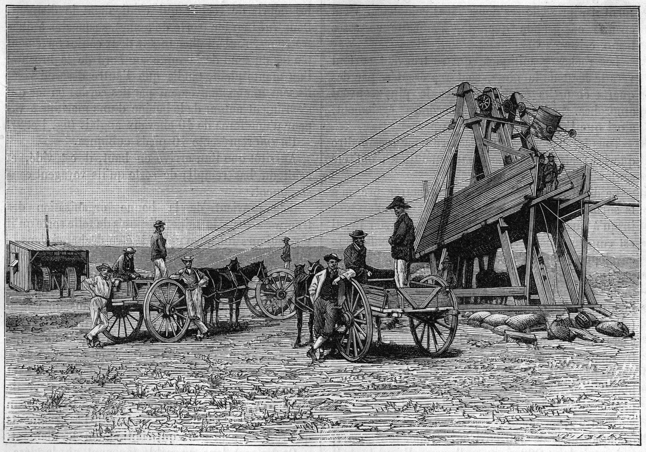 Kilátás a dél-afrikai Kimberley gyémántbánya felszínéről. Metszet 1883-ból. alkotó: Unknown artist