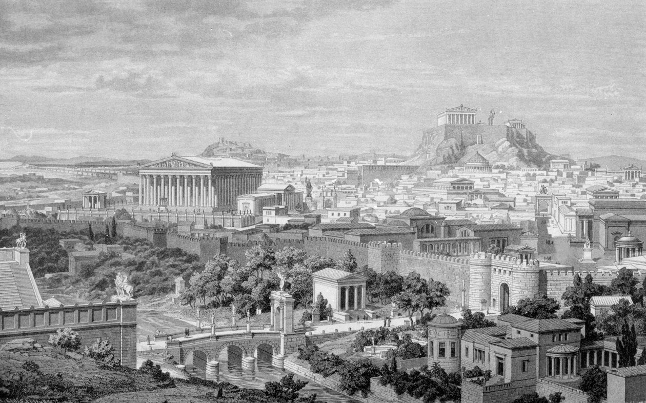 Kilátás Athénra, Hadrianus templomára és az Akropoliszra. alkotó: Unknown artist
