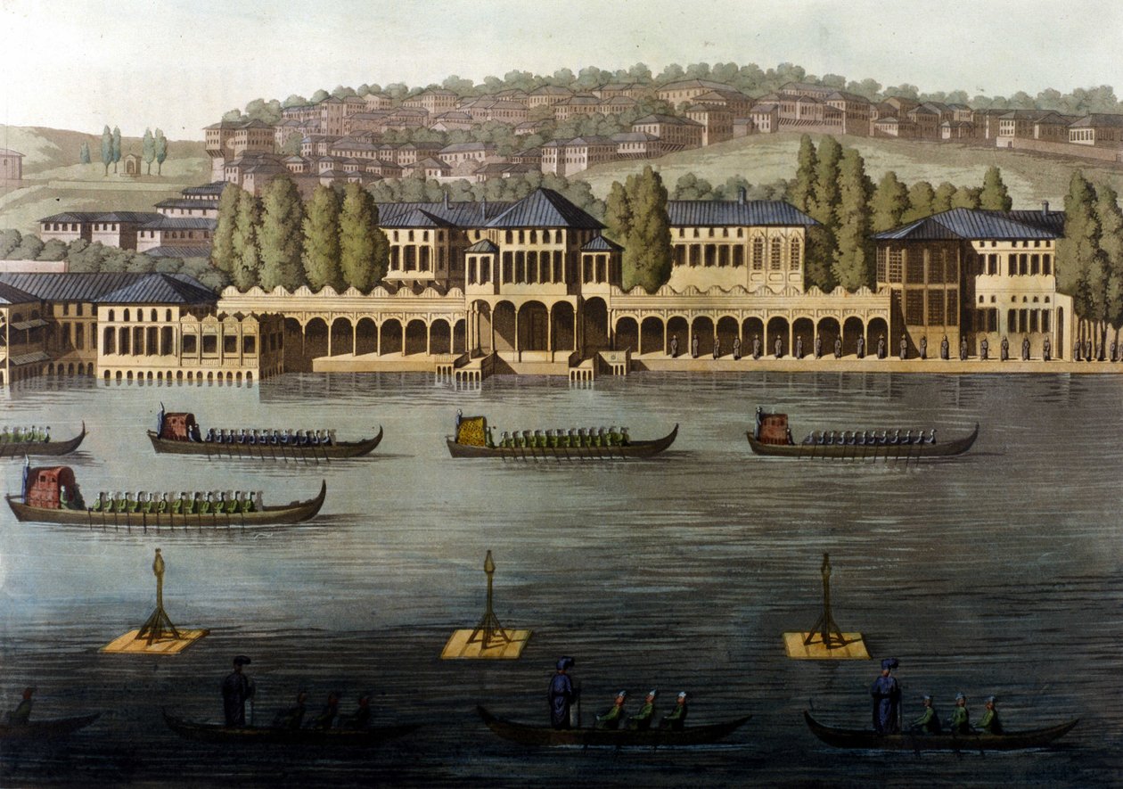Kilátás Konstantinápolyra, a szultán egyik rezidenciájára a Boszporusz mentén. 19. század. alkotó: Unknown artist