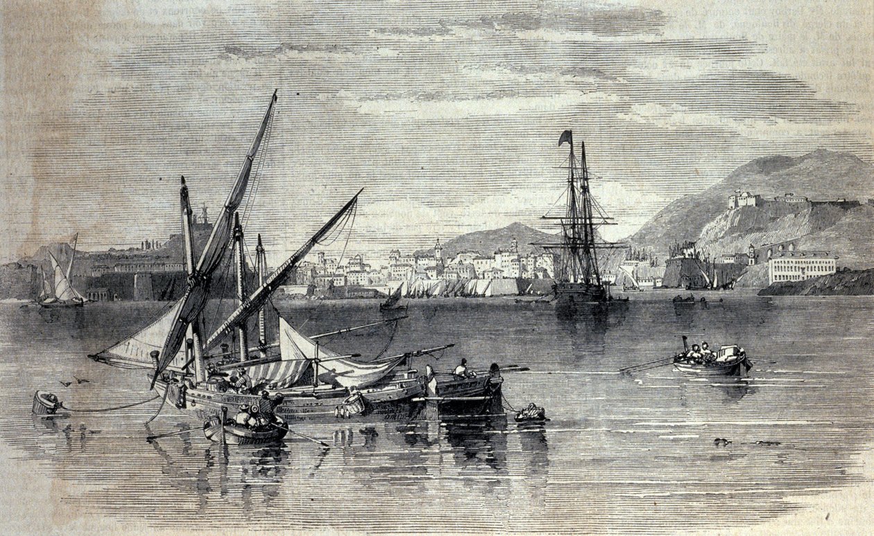 Kilátás Korfura Görögországban Vido szigetéről. század elejéről származó metszet alkotó: Unknown artist