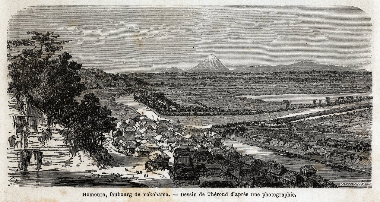 Kilátás Homoura-ra, Yokohama külvárosára, a Fuji-hegytel a háttérben. Aime Humbert, a Svájci Államszövetség minisztere által készített metszet az 1863–1864-es japán utazás szemléltetésére a „Le tour du monde, nouveau Journal des voyages” címmel. alkotó: Unknown artist