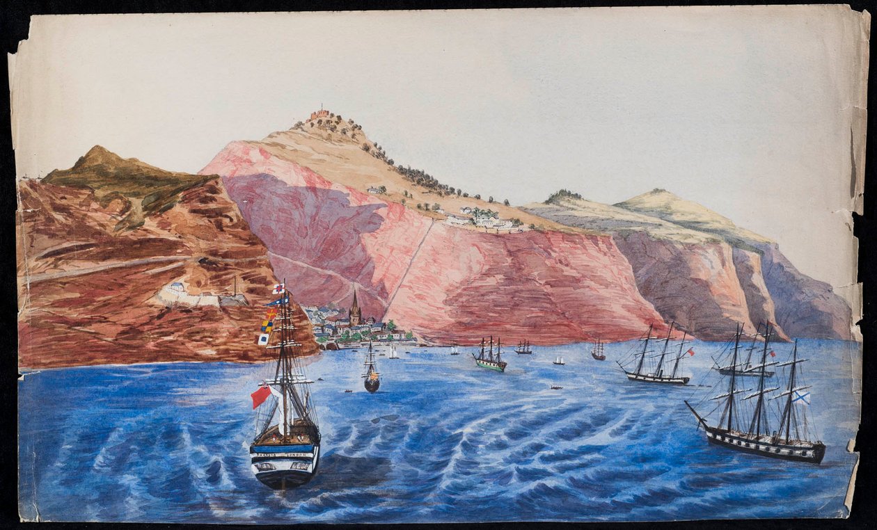 Jamestown kilátása, St. Helena, 1850 körül (wc papíron) alkotó: Unknown