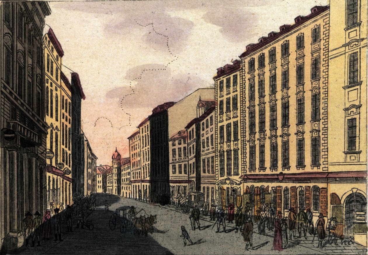Kilátás a Kohlmarkt utcára Bécsben, Ausztriában. Metszet 1820-ból alkotó: Unknown artist