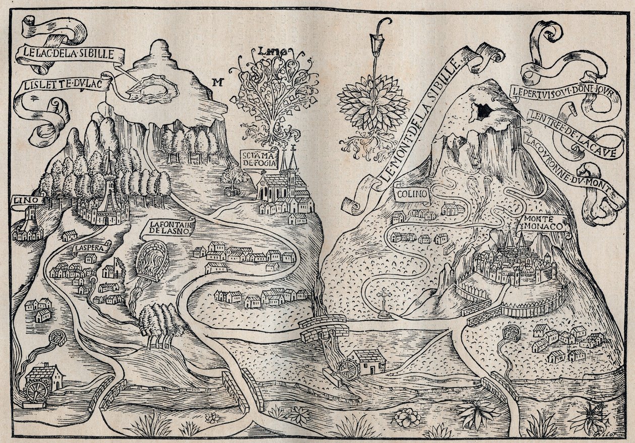 Kilátás a Sibille-hegyre (Sybille királynő paradicsoma) (A Pilátus-hegy és a Szibila-hegy kettős térképe) - Antoine de La Sale (La Salle) 15. századi francia szatirikus író. alkotó: Unknown artist