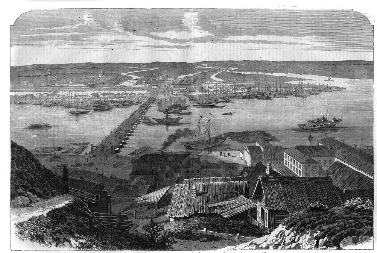 Kilátás Nyizsnyij Novgorodra (Nizsnyij Novgorod), Oroszország városára. Metszet „” L