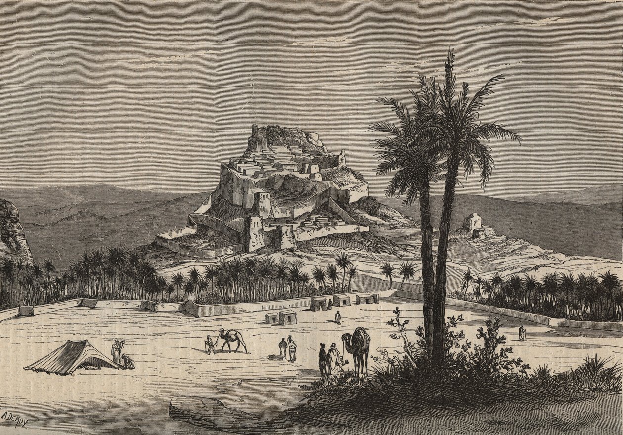 Oued el Golea (El Menia vagy El Menea korábban El Golea) kilátása Algériában, Oran tartomány déli részén, a 19. század végén - metszet alkotó: Unknown artist