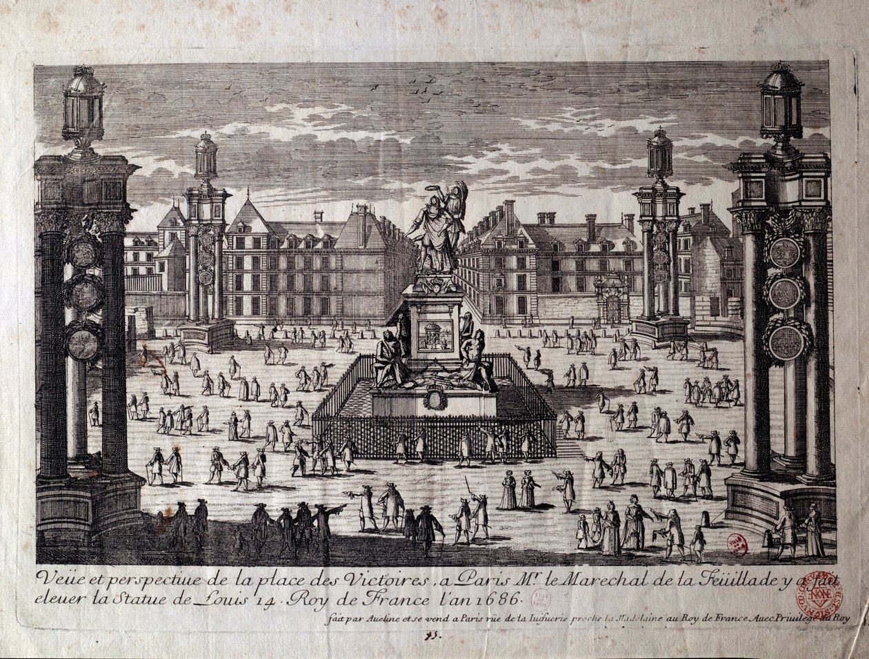 Kilátás a párizsi Place des Victoires-ra XIV. Lajos szobrával, amelyet a marechal de la Feuillade emelt fel 1686-ban. Metszet a 17. századi Párizsról, Musee Carnavalet alkotó: Unknown artist