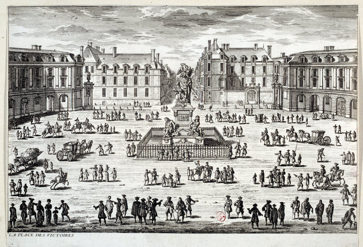 Kilátás a párizsi Place des Victoires-ra XIV. Lajos szobrával, amelyet a marechal de la Feuillade emelt fel 1686-ban. Metszet a 17. századi Párizsról, Musee Carnavalet alkotó: Unknown artist