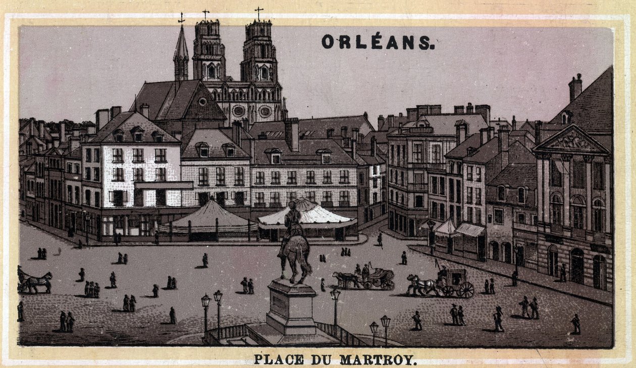 Kilátás a Place du Martroy-ra, Orleans-ban, Loiret megyében és a középső régióban, Franciaországban. A 19. század végének kromolitográfiája. alkotó: Unknown artist