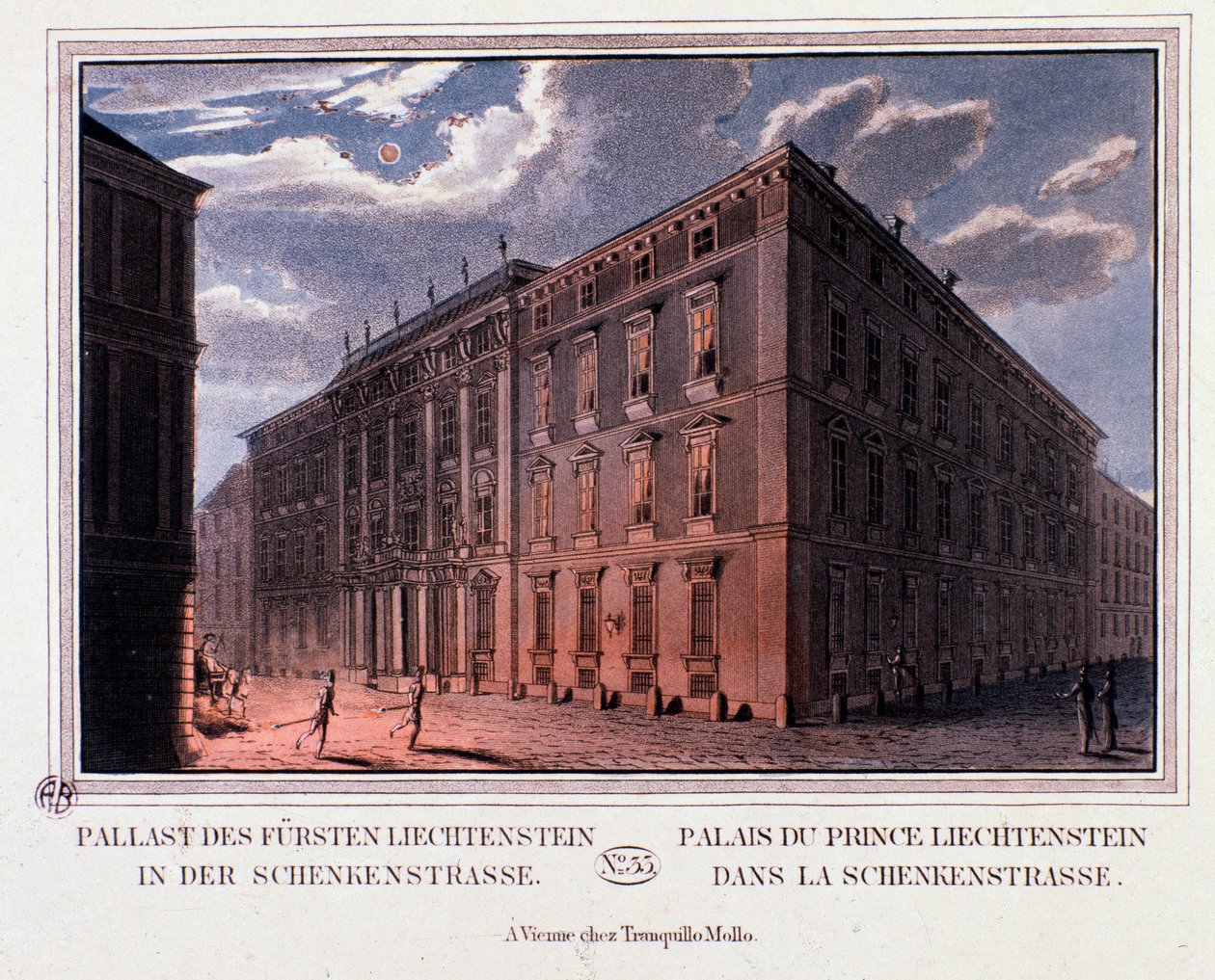 Kilátás a Lichtenstein herceg palotájára, Bécsben, Ausztriában. Metszet 1820-ból Magángyűjtemény alkotó: Unknown artist