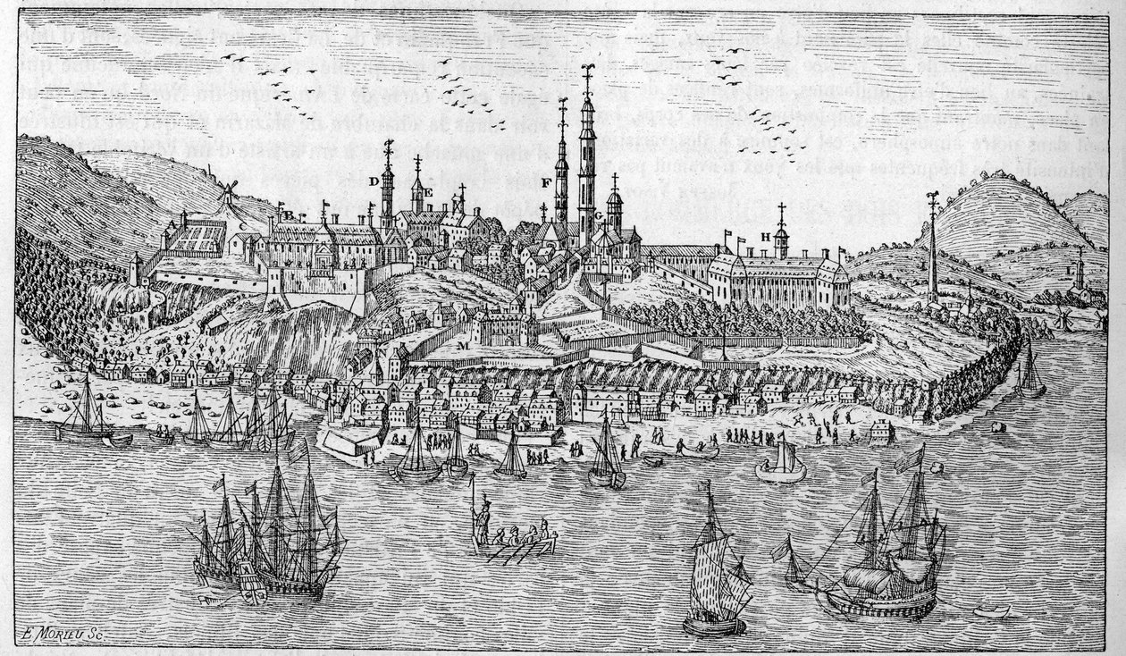 Quebec város kilátása Kanadában (17. század vége): A. Jardin du fort. B. Az erőd. C. Porraktár. D. Les Recollets. E. Ursulines. F. A jezsuiták. G. A katedrális. H. A szeminárium. I. Hotel Dieu. L. Általános Kórház. L