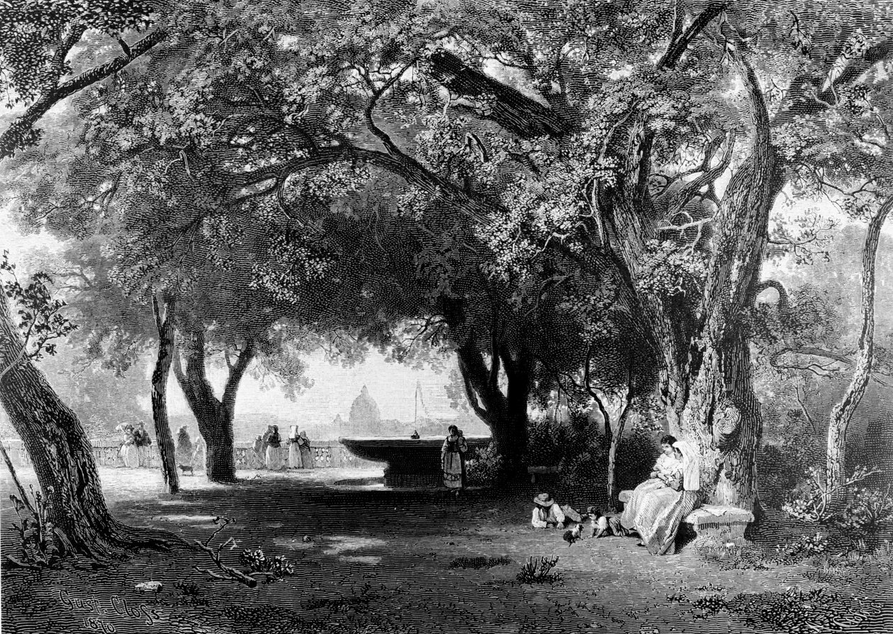 Kilátás Rómára a Pincio épületéből, ahol a Villa Medici áll. A háttérben Szent Péter kupoláját látjuk. Metszet, 1840 körül. alkotó: Unknown artist