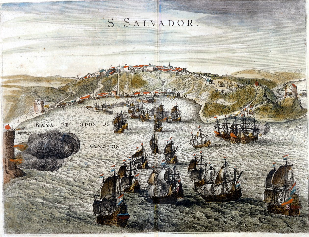 Kilátás Salvadorról, korábban Bahiáról, Brazília fővárosáról 1549-ben, amikor megalapították – metszet a 16. századról alkotó: Unknown artist