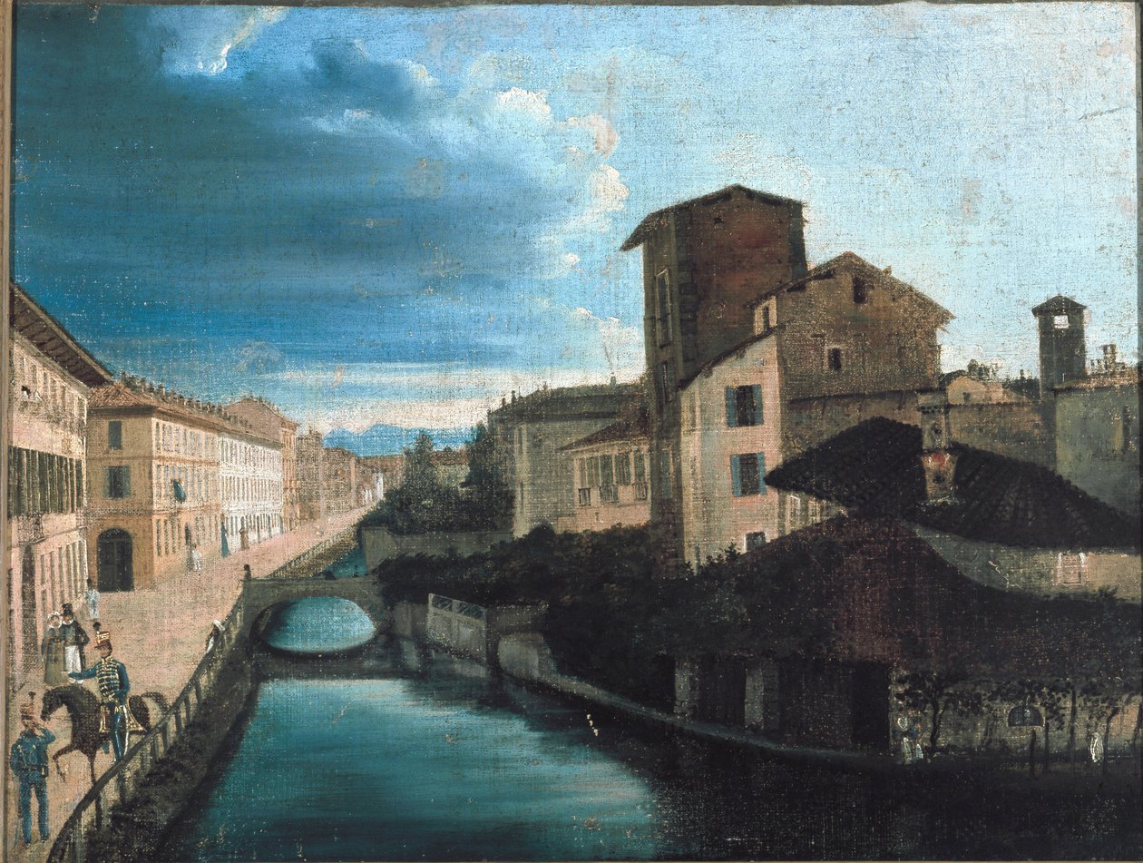 Kilátás a milánói San Gerolamo-csatornára (olaj, fa alkotó: Unknown artist