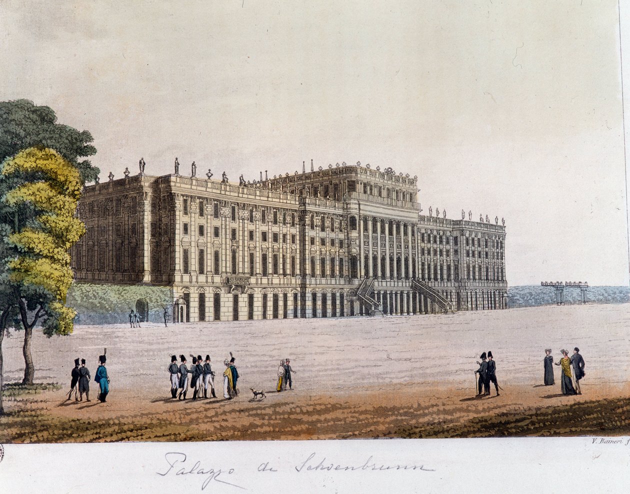 Kilátás a Schonbrunni kastélyra (Schoenbrunn) Bécsben, Ausztriában. Metszet 1826-ból Magángyűjtemény alkotó: Unknown artist