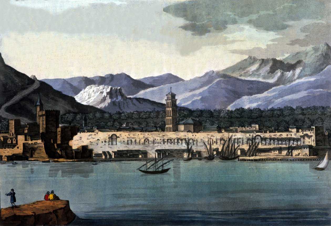 Kilátás Splitre (Spalato), Horvátország, a tenger felől. Akvarell a 19. század elejéről alkotó: Unknown artist