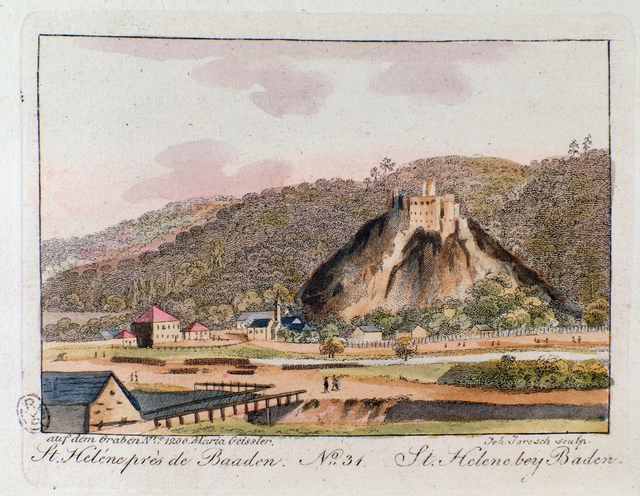 Kilátás St. Helene (St. Helene) Baden, Ausztria. Metszet 1815-ből Magángyűjtemény alkotó: Unknown artist