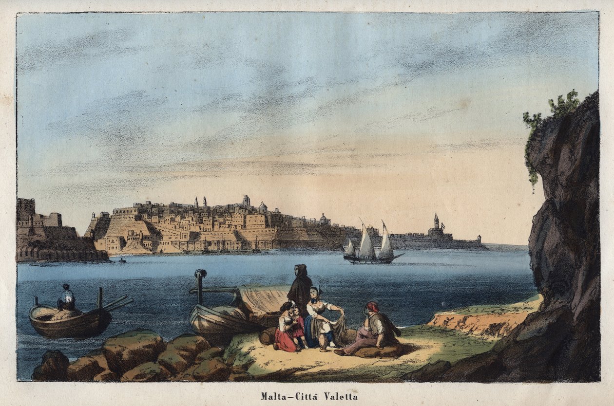 Valletta (Málta) kilátása a 19. században - metszet a „Szokások és hagyományok az Univerzum minden népének” című könyvéből. Azaz: A kormányzat, a törvények, a milícia, a vallás története a legtávolabbi időktől napjainkig "1856 alkotó: Unknown artist