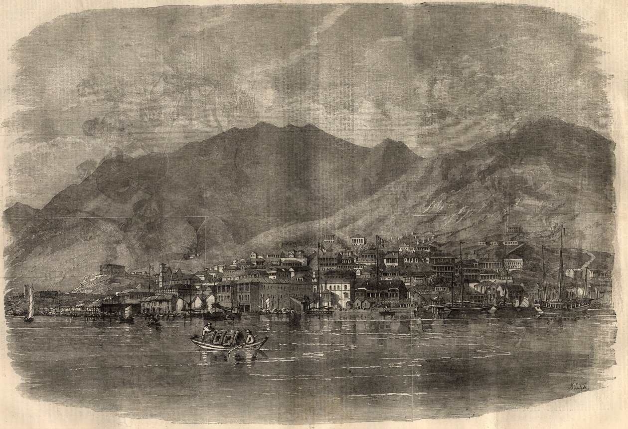 Kilátás Victoria Cityre Hong Kongban. Gravírozás a március 14-i „” The Illustrated London News”-ba alkotó: Unknown artist