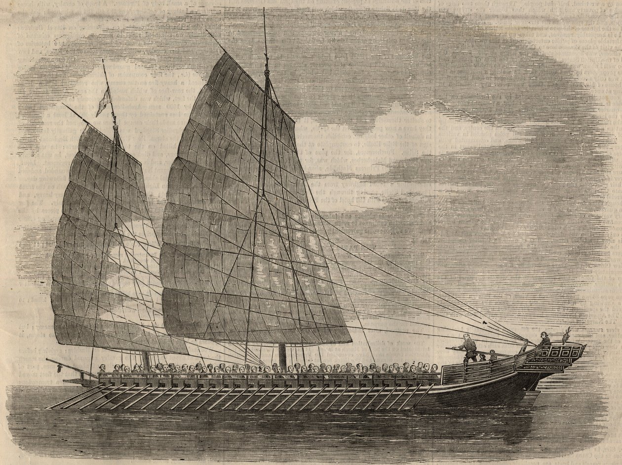 Kilátás egy kínai kalózhajóra Kantonban. Gravírozás a január 31-i „” The Illustrated London News”-ba alkotó: Unknown artist