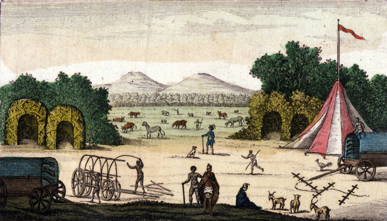 Kilátás egy holland táborra (a Pioneers Boers vagy Voortrekkers, Afrikaners-től) Pampoen Kraalban (Pampoen-Kraal), Cape tartományban, Dél-Afrikában. 1860 alkotó: Unknown artist