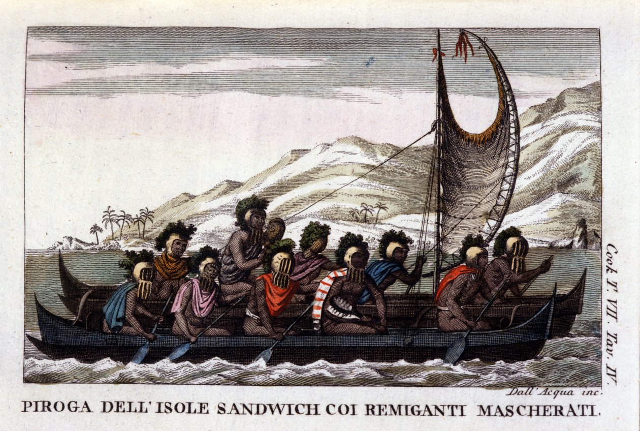 Kilátás a polinéziai Hawaii-szigetekről származó vitorlákkal ellátott kenura, a legénység tipikus maszkot visel. század eleji litográfia alkotó: Unknown artist