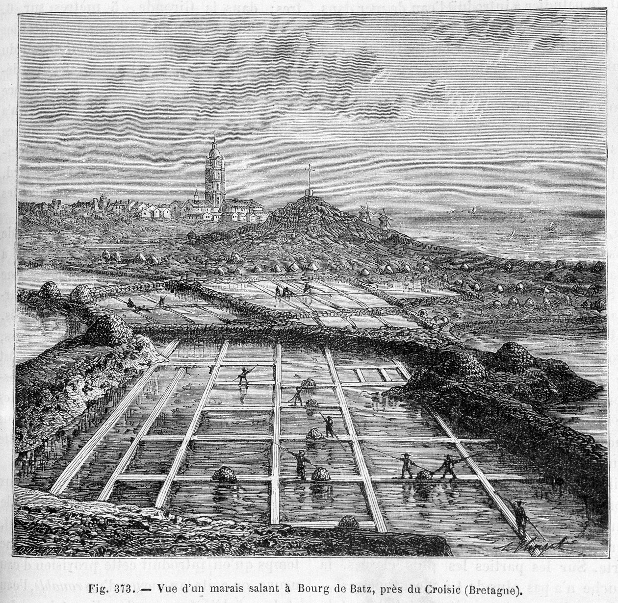 Kilátás egy sós mocsárra Bourg de Batzban, a Croisic közelében (Bretagne) – Louis Figuier „Az ipar csodái” című művében alkotó: Unknown artist